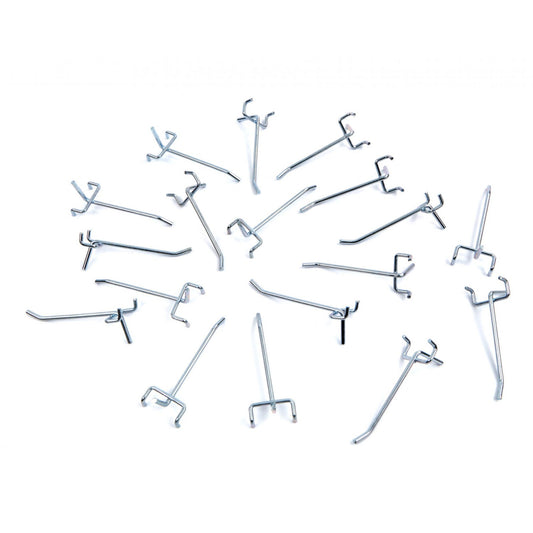 Sada 18 kovových háčikov na nástenný panel, organizér do dielne