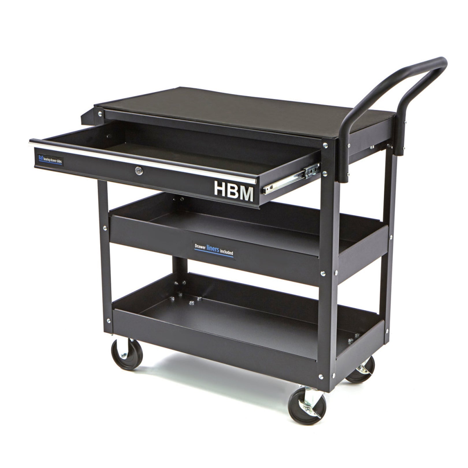 Dielenský vozík, 3 police, zásuvka, čierny HBM