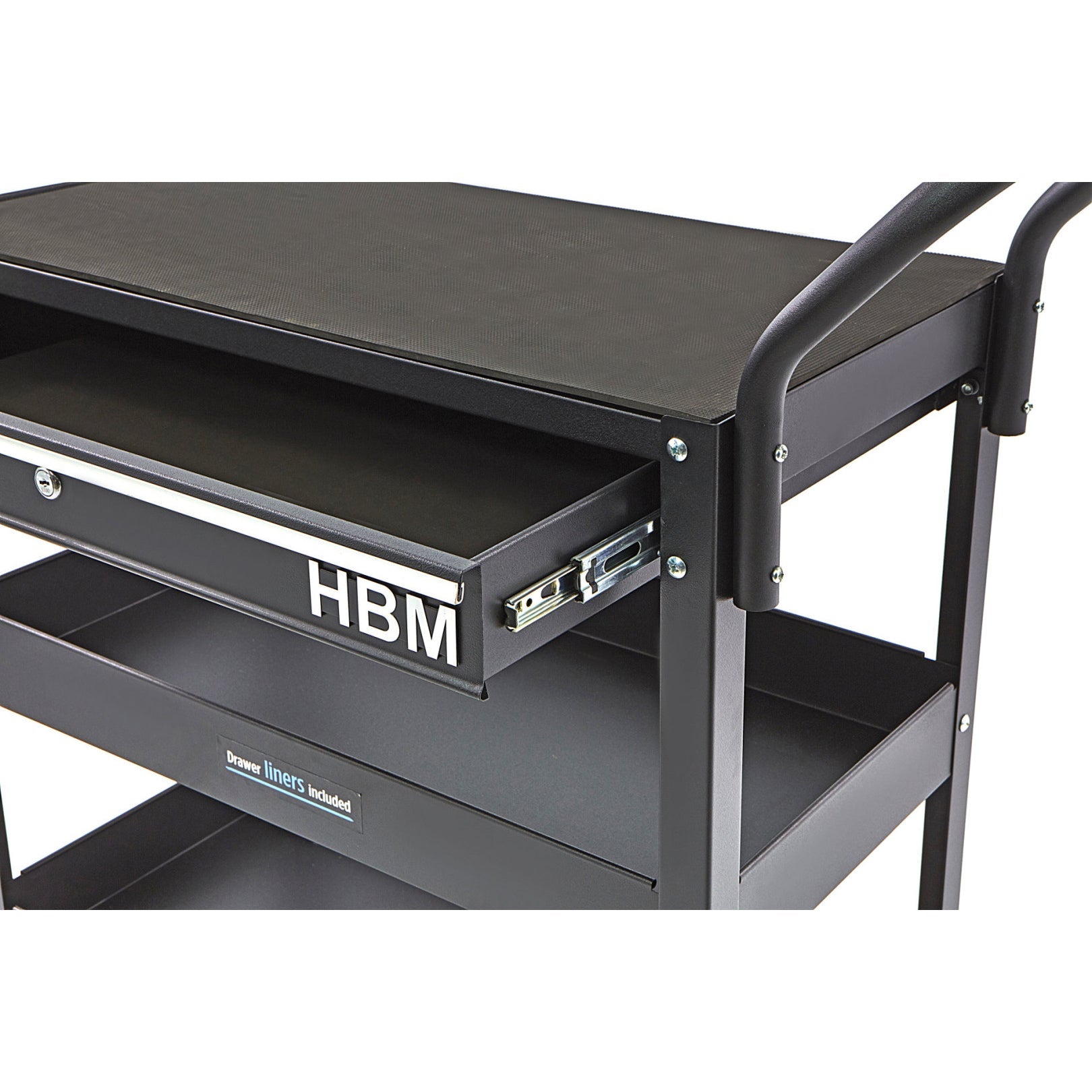 Dielenský vozík, 3 police, zásuvka, čierny HBM