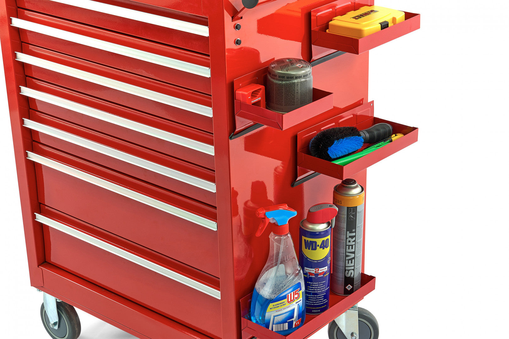 Sada 4 magnetických políc na skrinku na náradie, červená