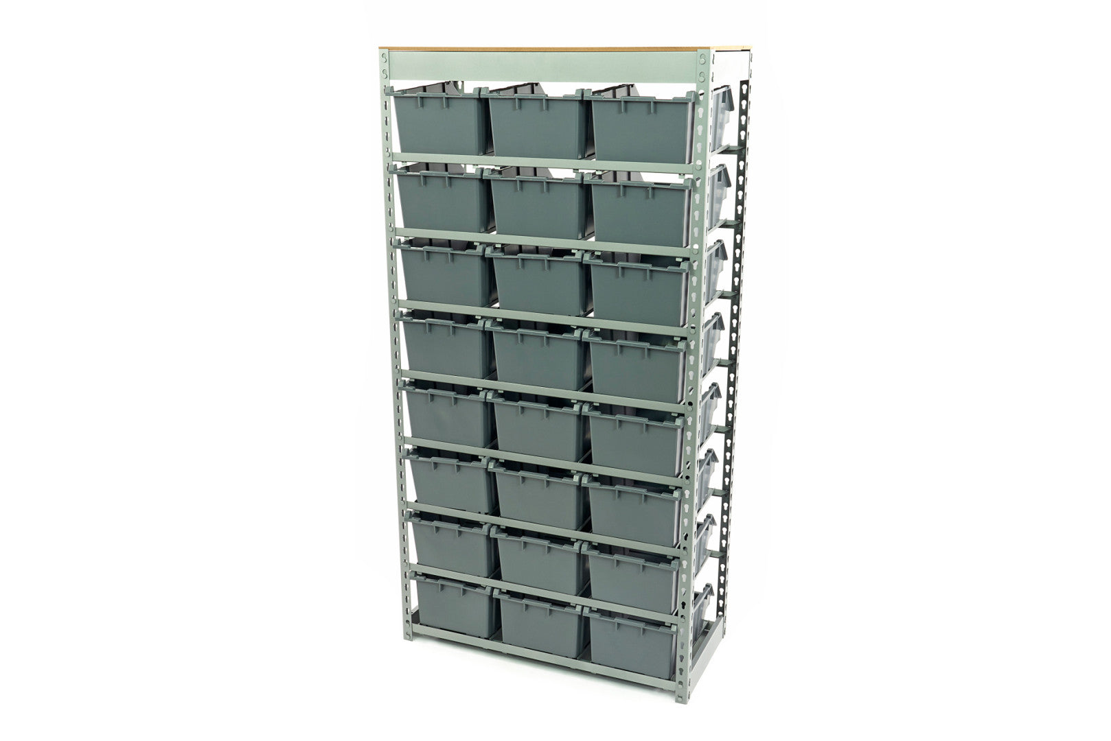 Kovový regál s 24 boxmi