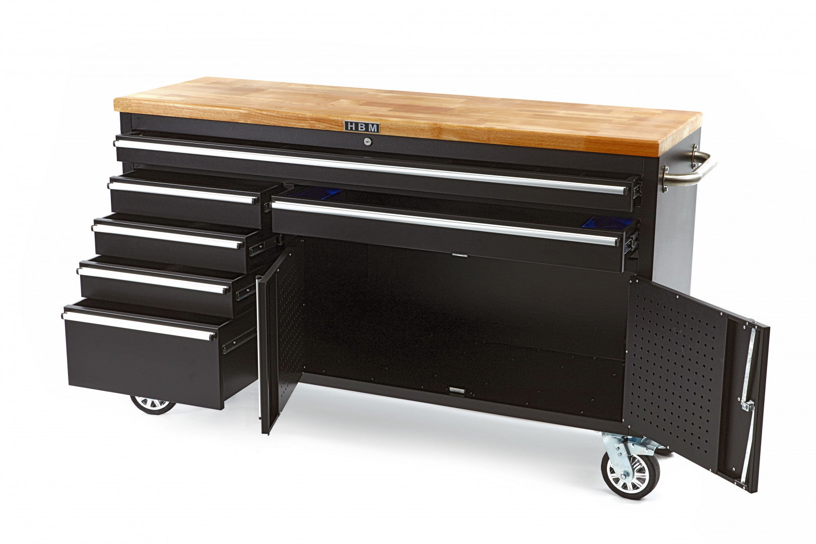 Dielenská kovová skrinka - vozík - pracovný stôl 152cm, masívna drevená pracovná doska HBM