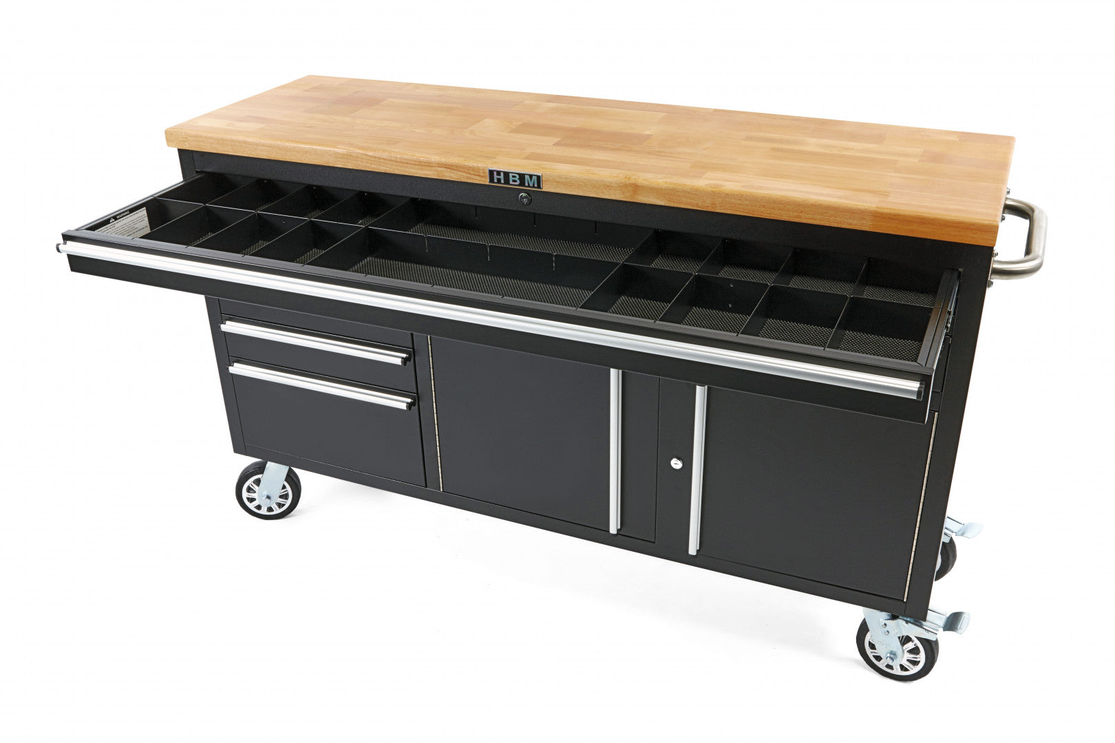 Dielenská kovová skrinka - vozík - pracovný stôl 152cm, masívna drevená pracovná doska HBM
