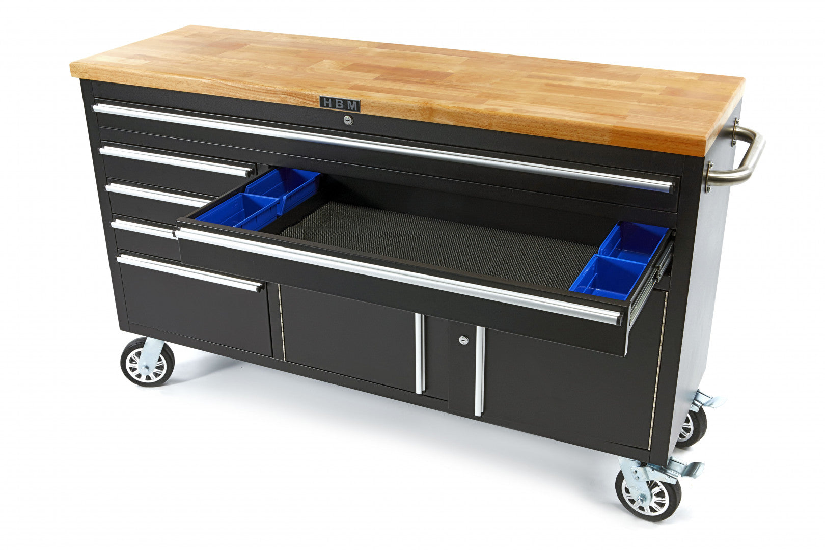 Dielenská kovová skrinka - vozík - pracovný stôl 152cm, masívna drevená pracovná doska HBM