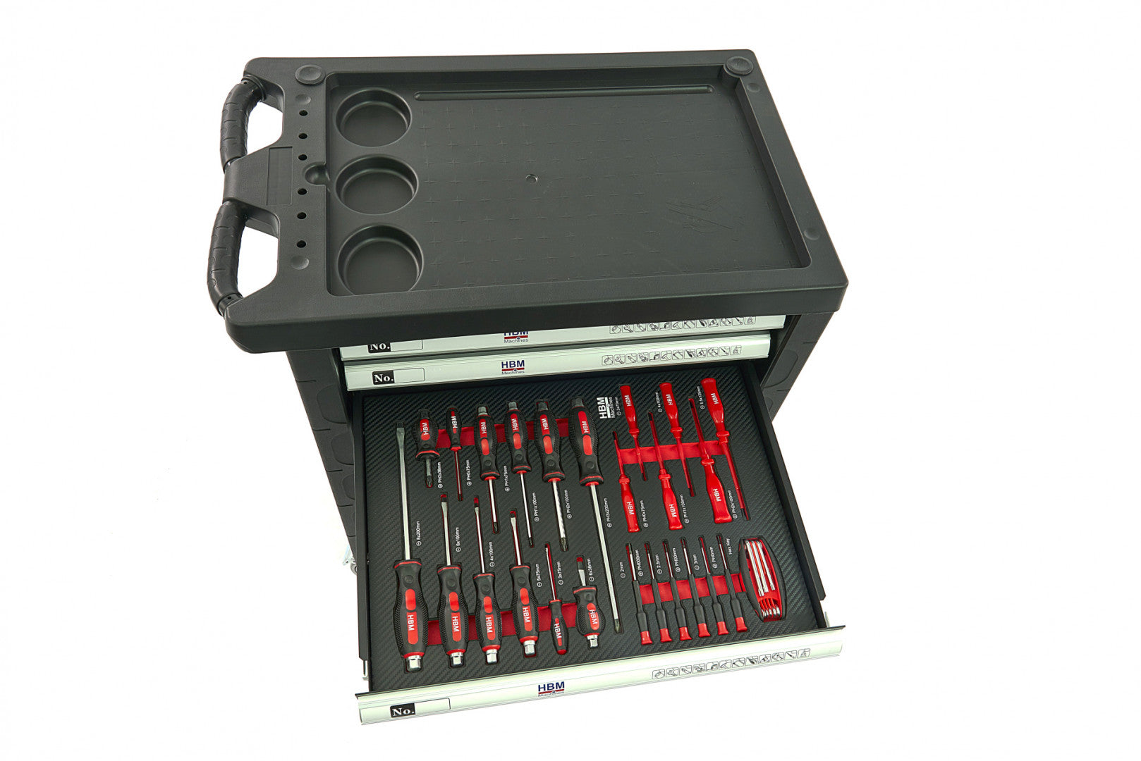 Profesionálna skrinka - dielenský vozík s náradím, so 7 zásuvkami, 154ks náradia, 4 vložky carbon - premium, HBM Holandsko