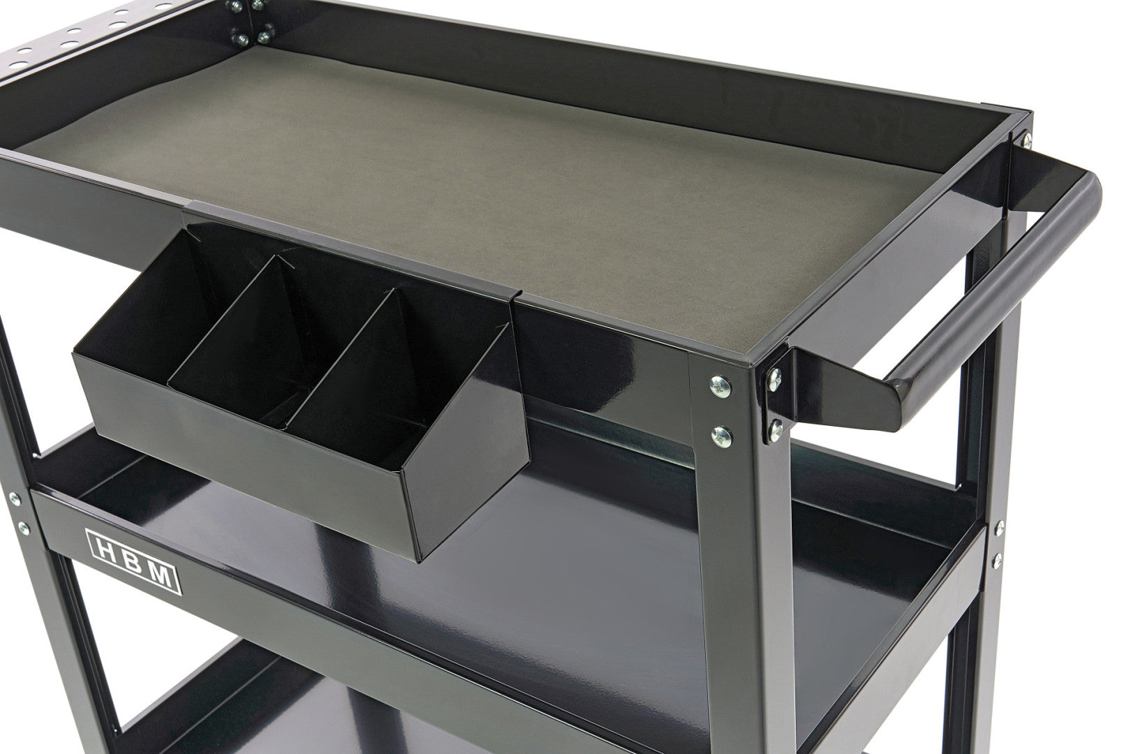 Mobilný montážny vozík s 3 policami, držiakom na skrutkovače a spreje