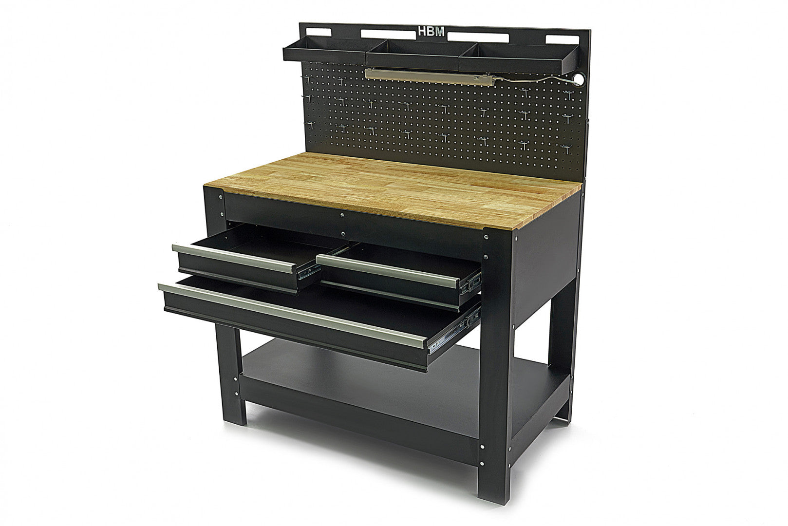 Profesionálny kovový pracovný stôl s 3 zásuvkami, masívnou drevenou pracovnou doskou, LED osvetlením, 230V zásuvkami a USB portom, dĺžka 115cm