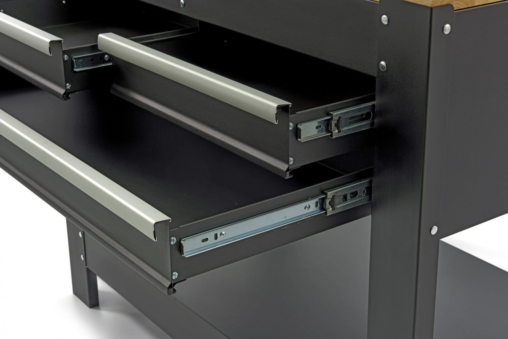 Profesionálny kovový pracovný stôl s 3 zásuvkami, masívnou drevenou pracovnou doskou, LED osvetlením, 230V zásuvkami a USB portom, dĺžka 115cm