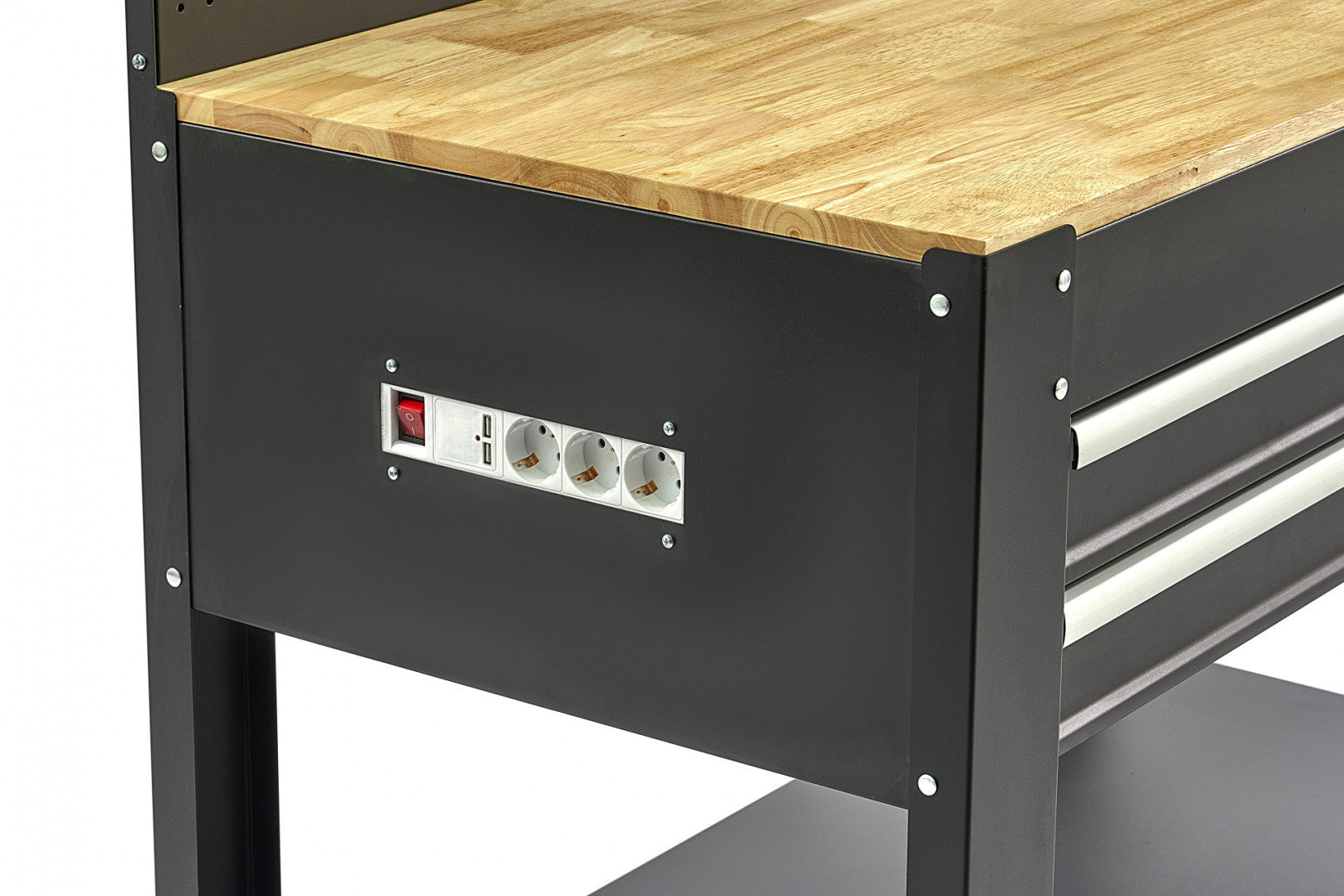 Profesionálny kovový pracovný stôl s 3 zásuvkami, masívnou drevenou pracovnou doskou, LED osvetlením, 230V zásuvkami a USB portom, dĺžka 115cm