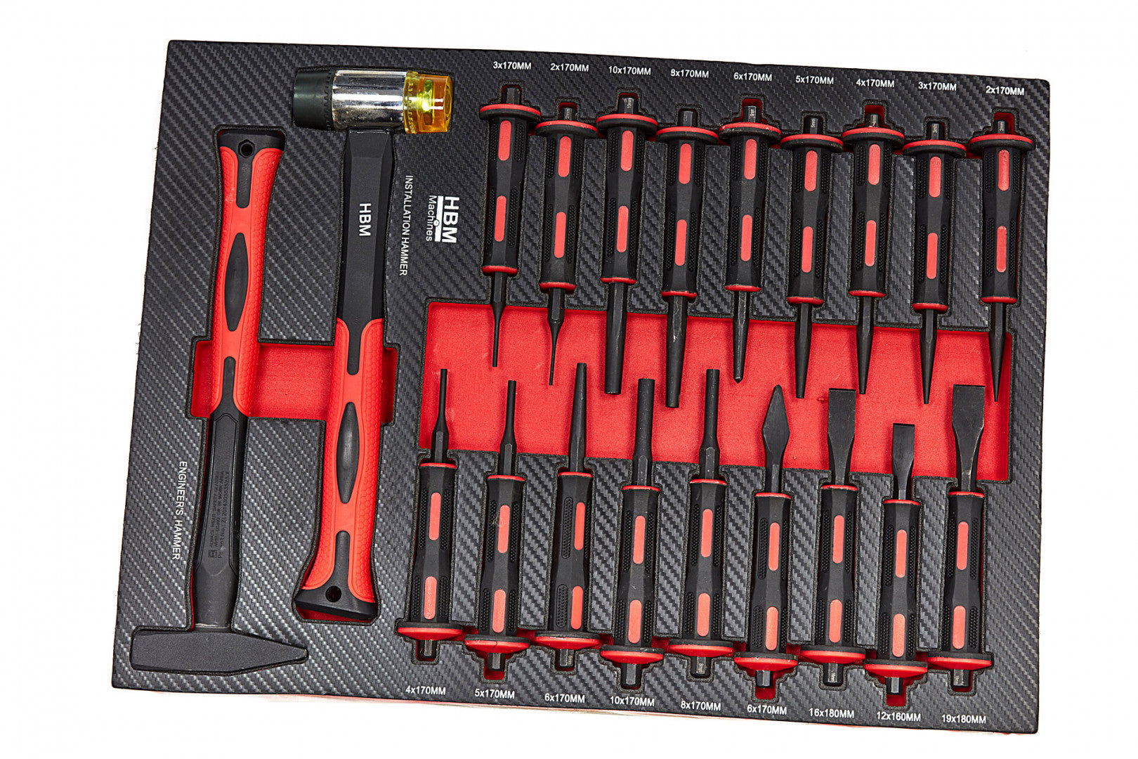 Karbonový modul - vložka do zásuvky - kladivá, sekáče, tŕne - 20 dielna sada - 54 × 39,5cm HBM Machines premium, Holandsko