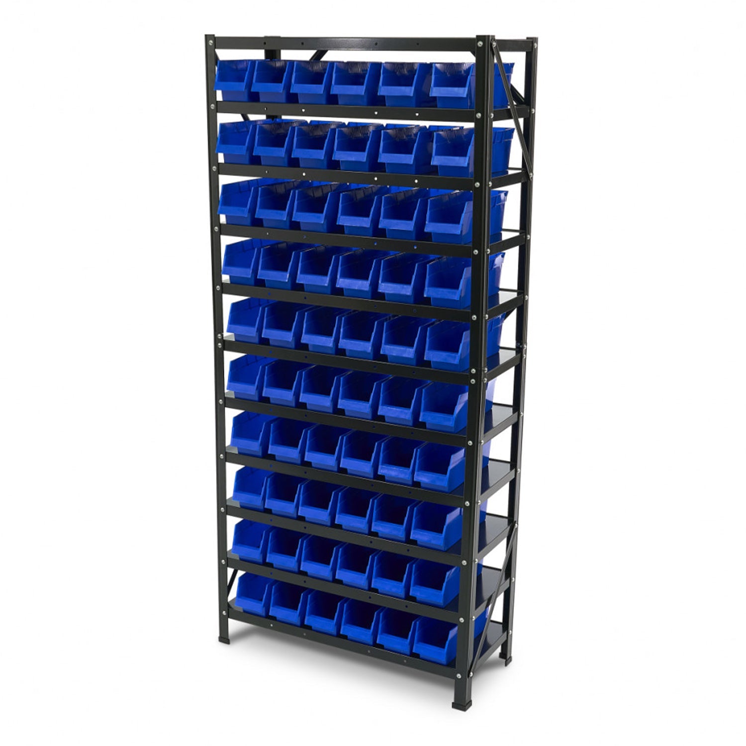 Kovový regál so 60 boxmi