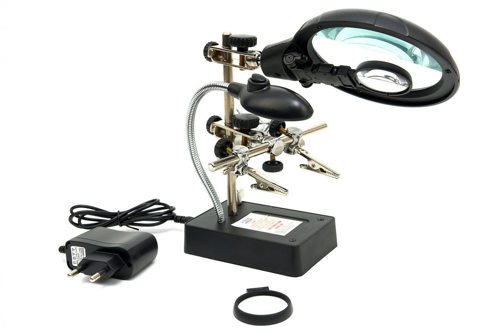 LED pracovná lampa s lupou a kovovými pomocnými ramenami na spájkovanie