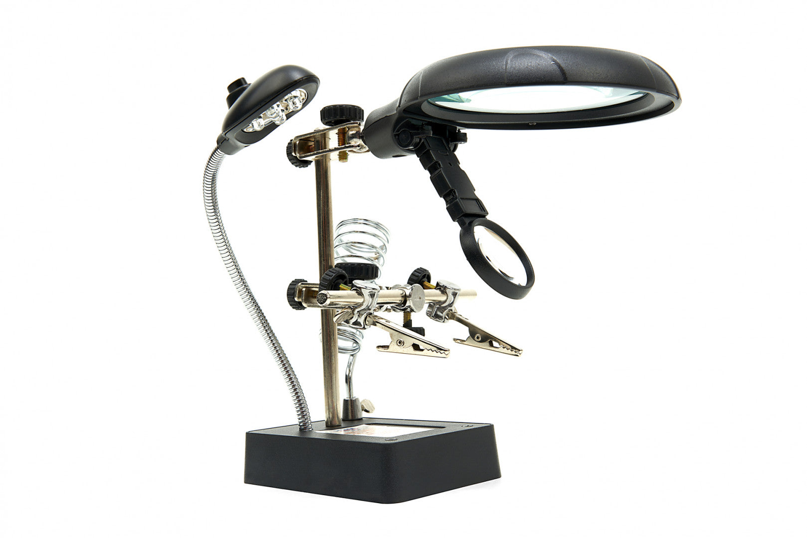 LED pracovná lampa s lupou a kovovými pomocnými ramenami na spájkovanie