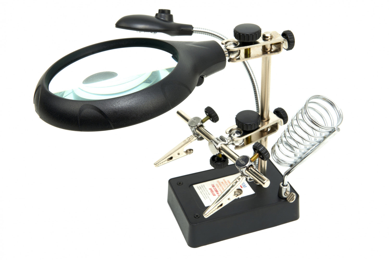 LED pracovná lampa s lupou a kovovými pomocnými ramenami na spájkovanie