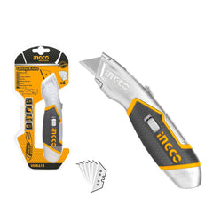 Skladací kovový orezávací nožík s gumovou rukoväťou a 5 náhradnými čepeľami Ingco