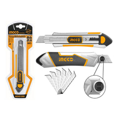 Skladací hliníkový orezávací nožík s gumovou rukoväťou a 5 náhradnými čepeľami Ingco