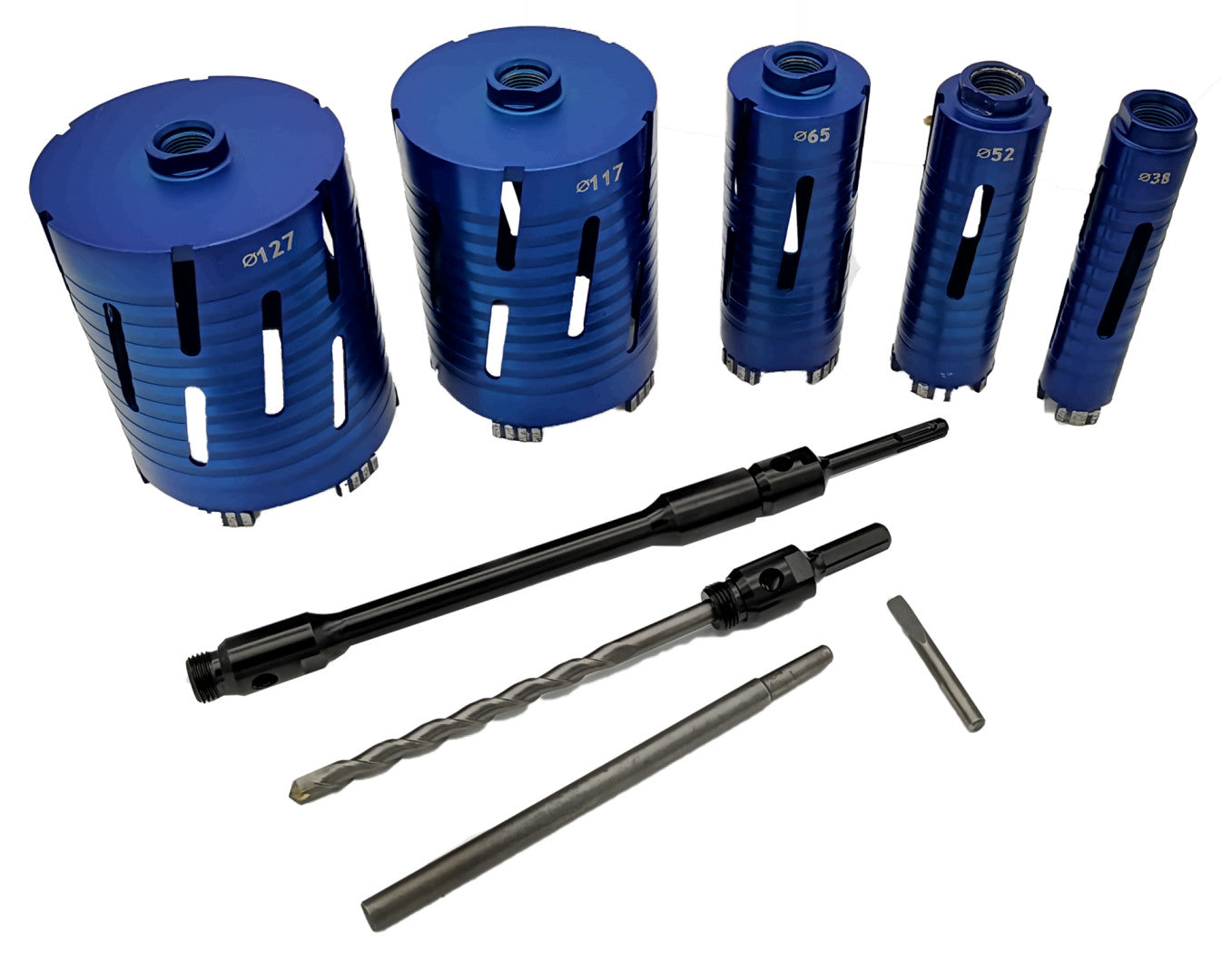 Sada diamantových vykružovacích korunkových vrtákov 38, 52, 65, 117, 127mm HBM