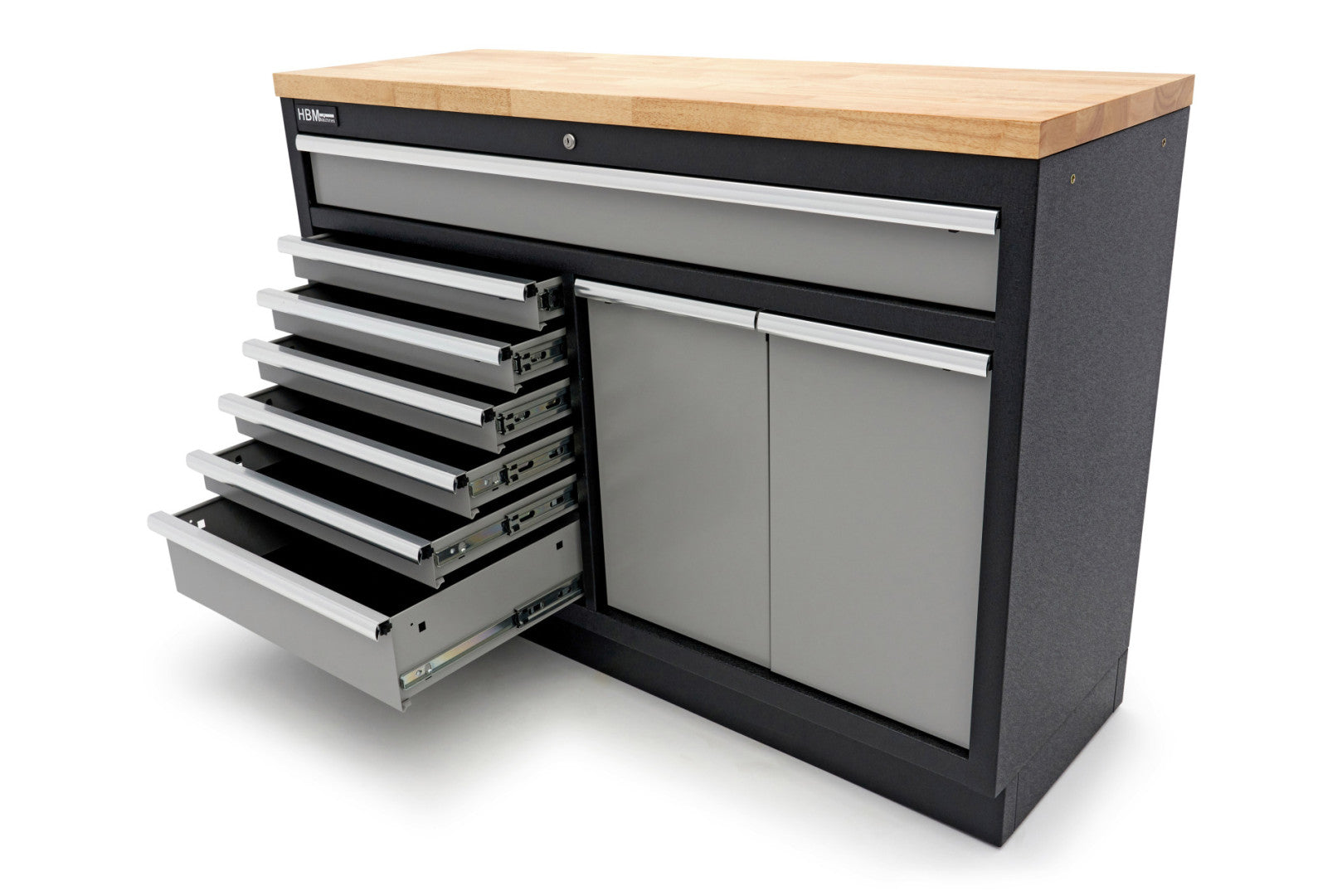 Profesionálny pracovný stôl so skrinkou na náradie, 136cm, 9 zásuviek HBM