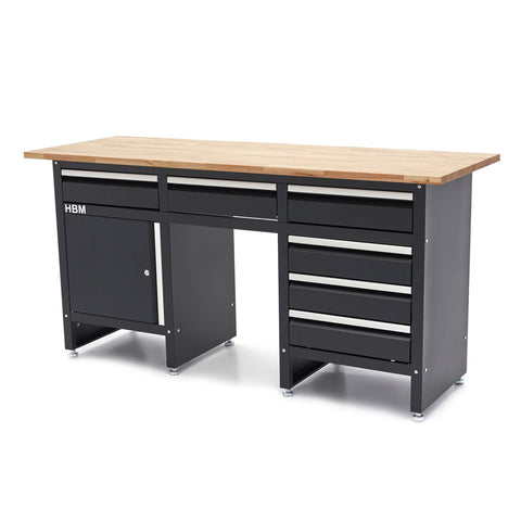 Pracovný stôl do dielne so 6 zásuvkami, 1 dvierkami a drevenou doskou z masívu 171 cm, HBM Machines premium, Holandsko