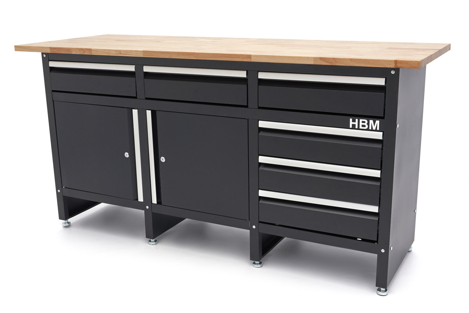 Profesionálna dielenská skrinka na náradie s pracovným stolom - ponk, masívna drevená doska 171cm, 2 dvierka a 6 zásuviek, HBM Machines Holandsko