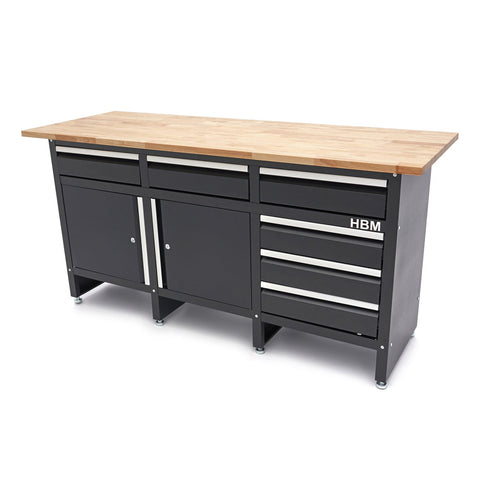 Profesionálna dielenská skrinka na náradie s pracovným stolom - ponk, masívna drevená doska 171cm, 2 dvierka a 6 zásuviek, HBM Machines Holandsko