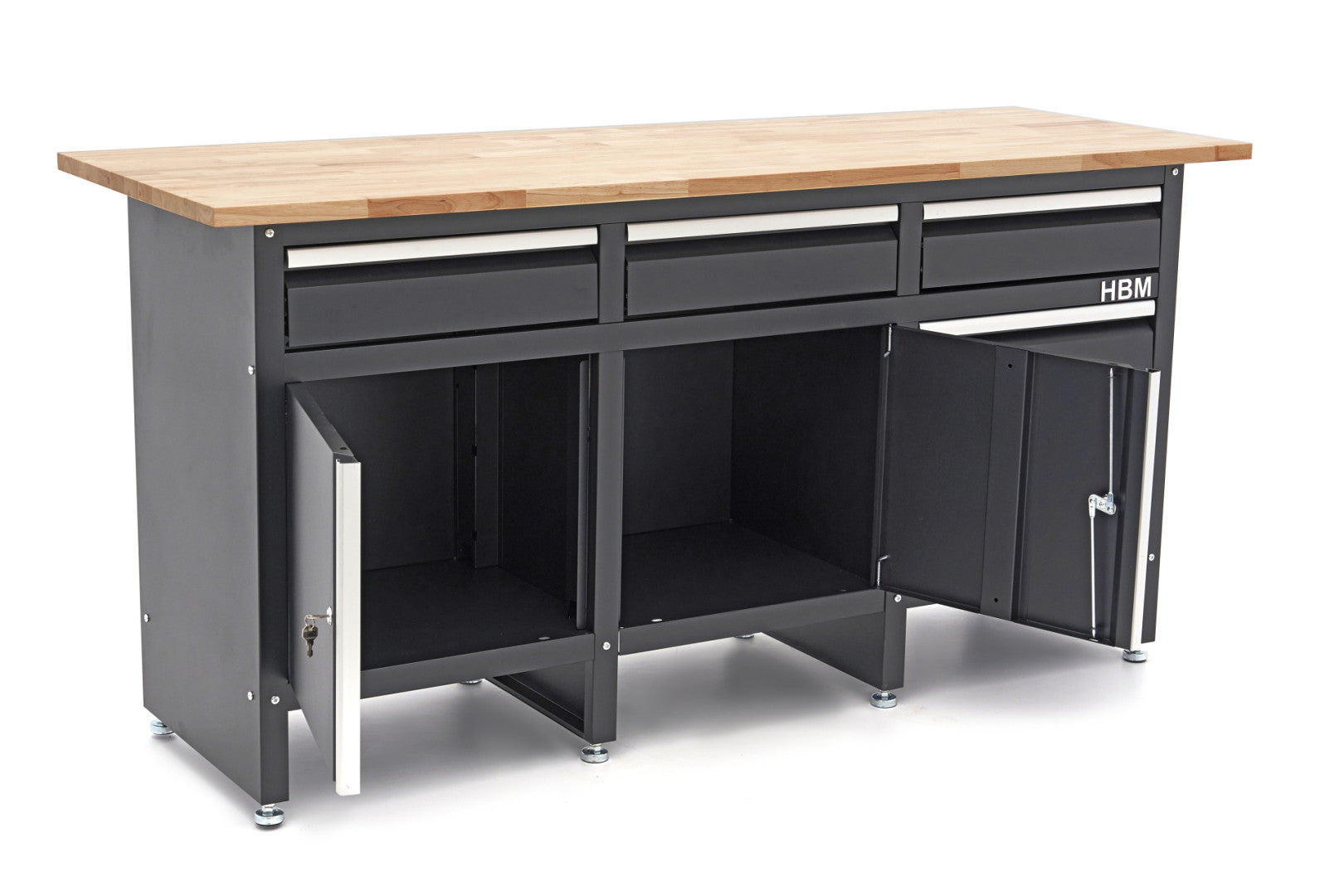 Profesionálna dielenská skrinka na náradie s pracovným stolom - ponk, masívna drevená doska 171cm, 2 dvierka a 6 zásuviek, HBM Machines Holandsko