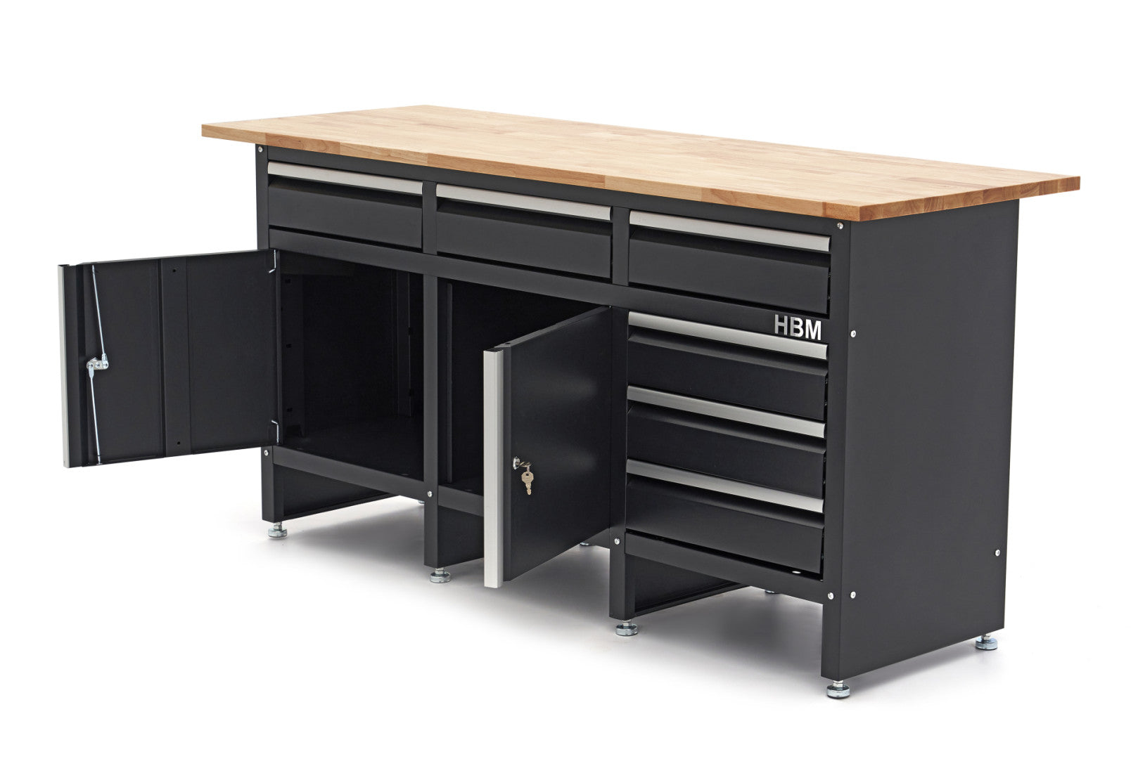 Profesionálna dielenská skrinka na náradie s pracovným stolom - ponk, masívna drevená doska 171cm, 2 dvierka a 6 zásuviek, HBM Machines Holandsko