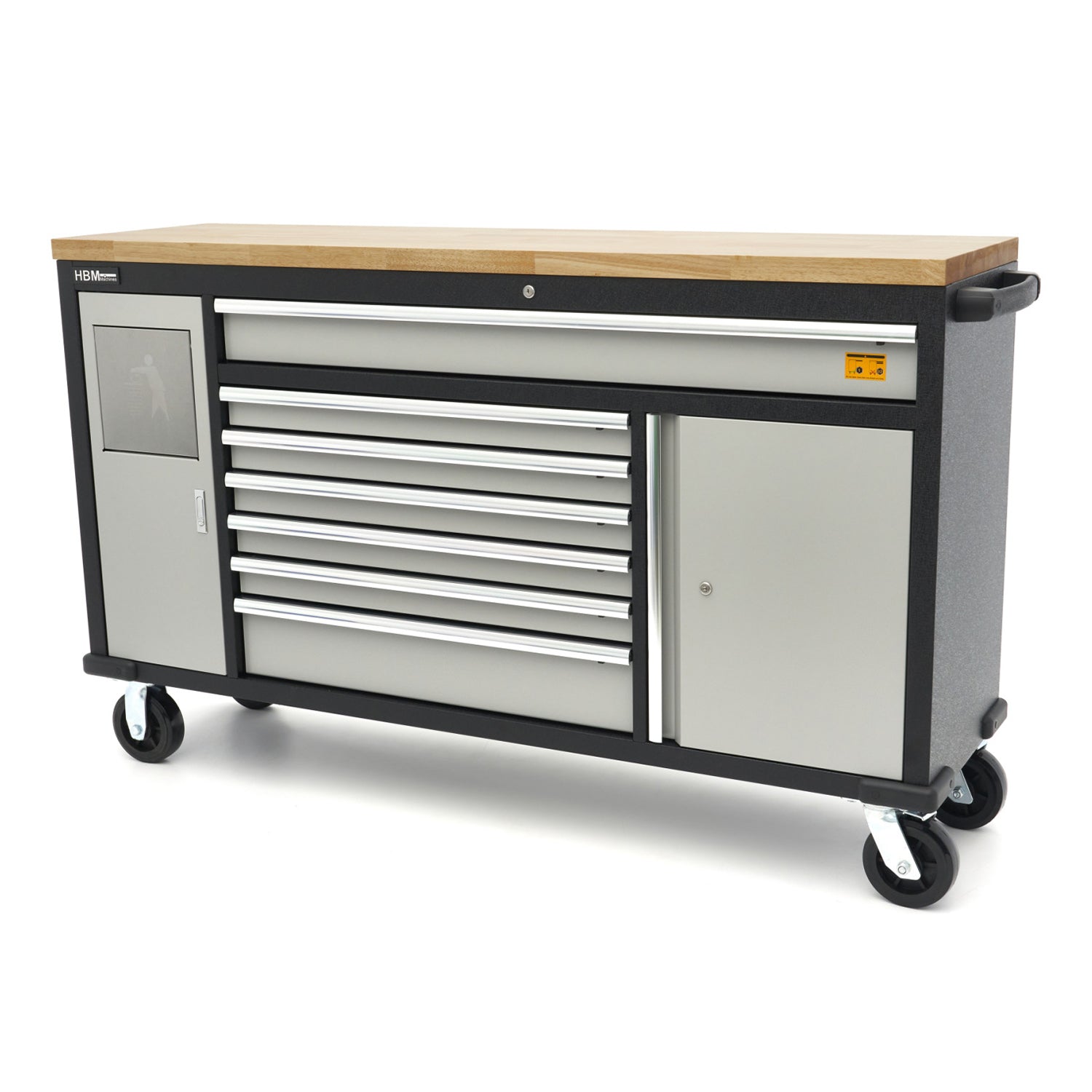 Profesionálny pracovný stôl, pojazdný, s 18 zásuvkami, 168cm, masívna drevená doska, zásuvka 220V / USB, HBM