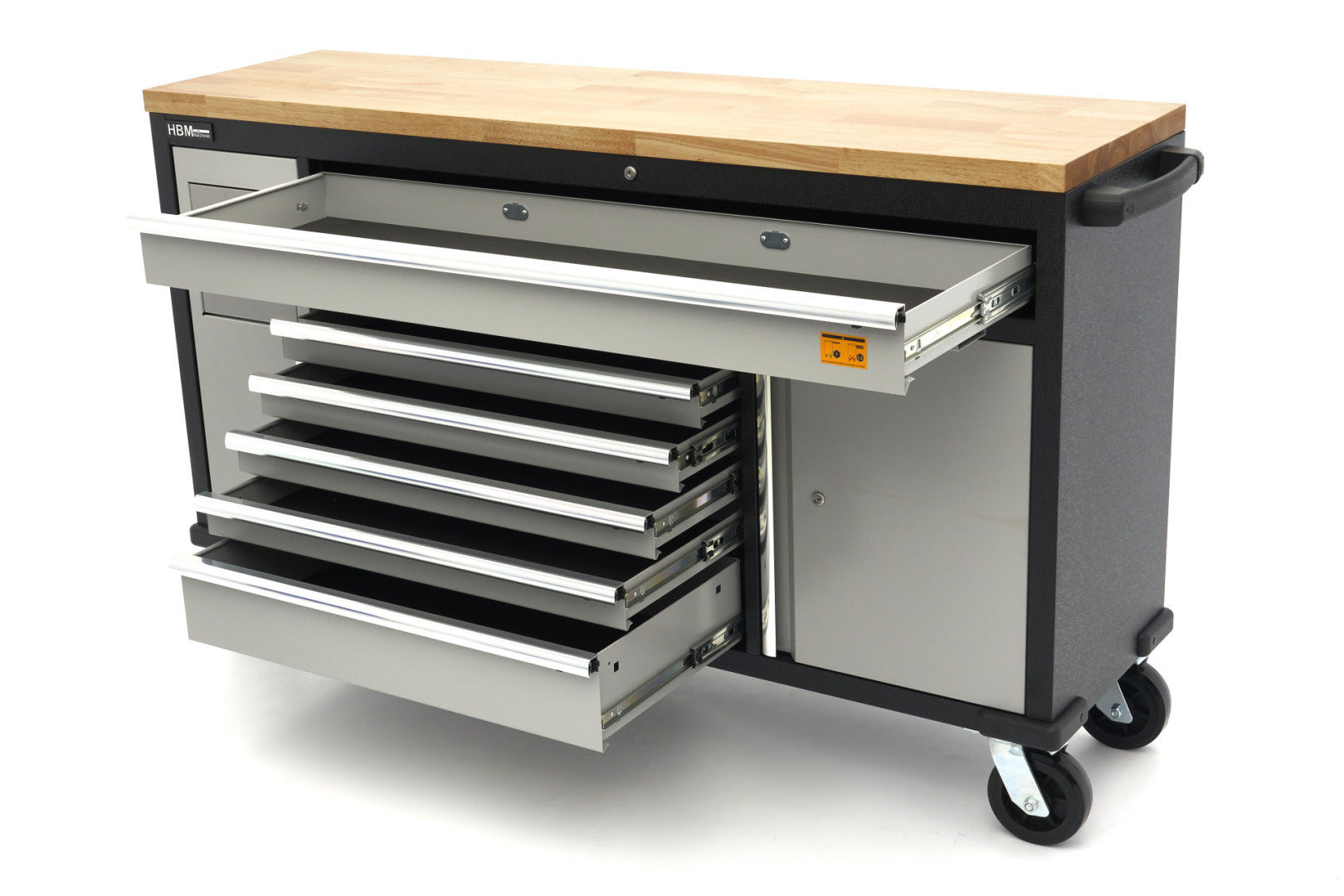 Profesionálny pracovný stôl, pojazdný, s 18 zásuvkami, 168cm, masívna drevená doska, zásuvka 220V / USB, HBM