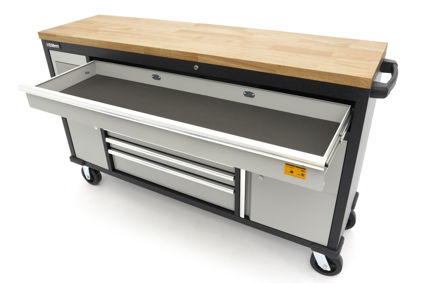 Profesionálny pracovný stôl, pojazdný, s 18 zásuvkami, 168cm, masívna drevená doska, zásuvka 220V / USB, HBM