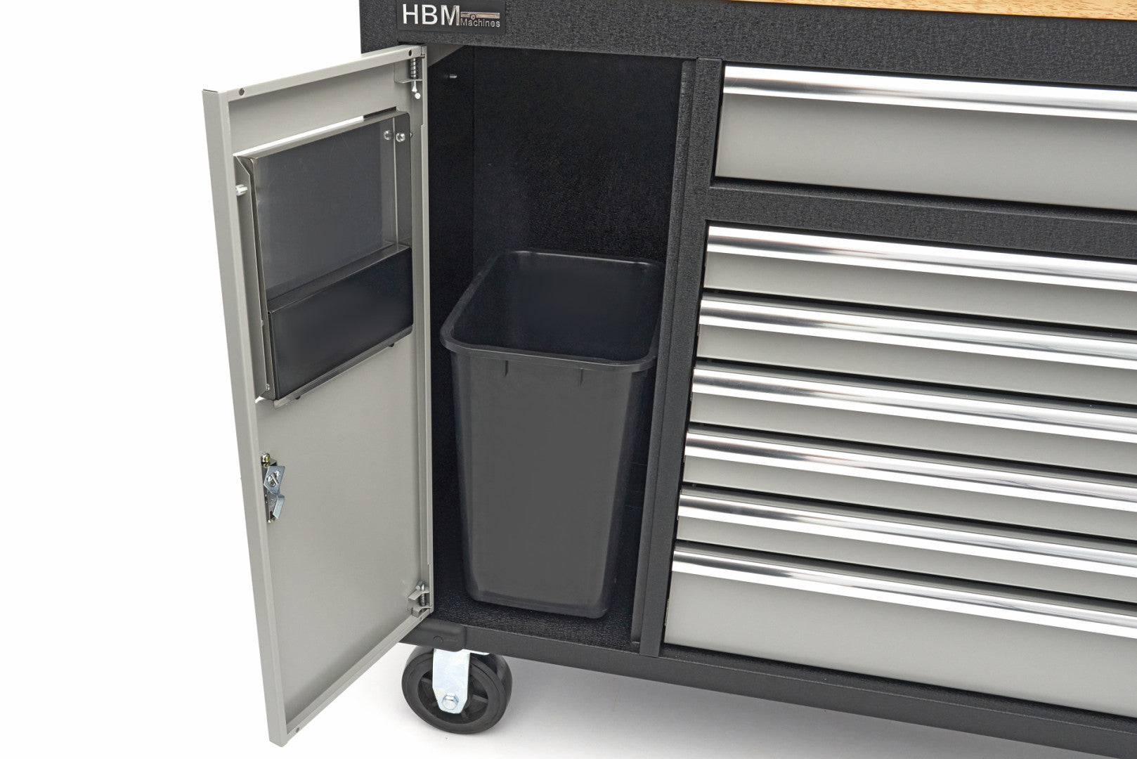 Profesionálny pracovný stôl, pojazdný, s 18 zásuvkami, 168cm, masívna drevená doska, zásuvka 220V / USB, HBM