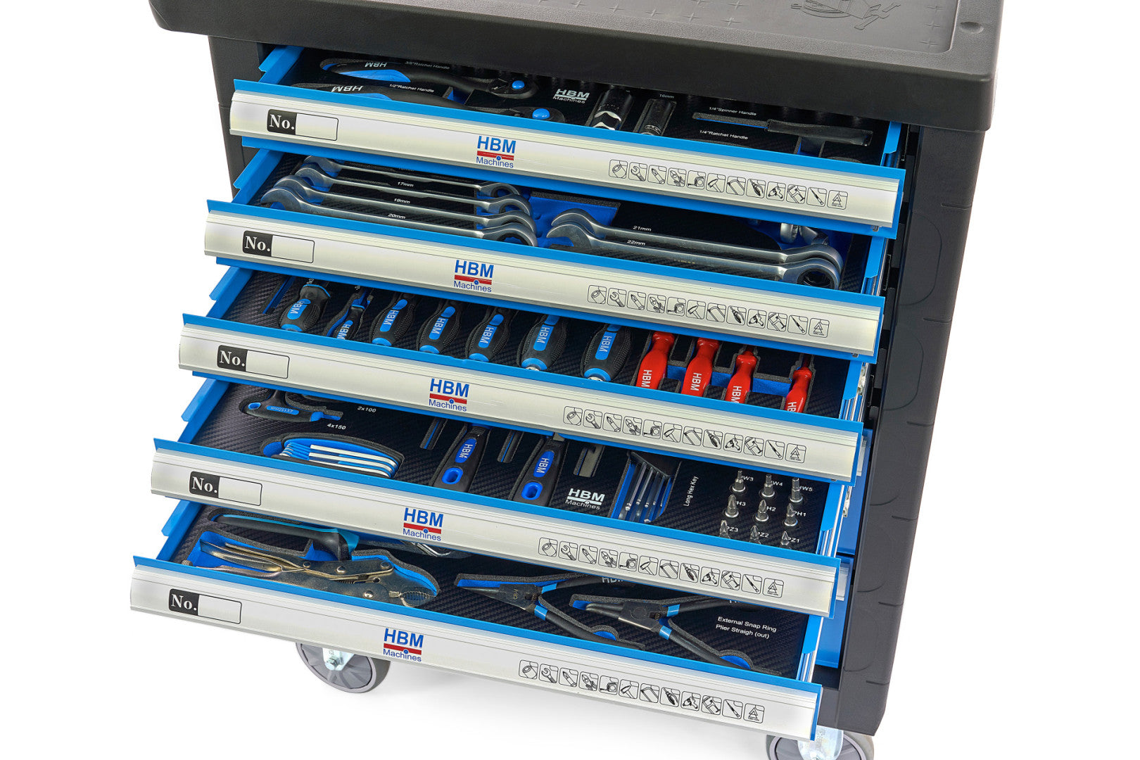 Profesionálna skrinka - dielenský vozík s náradím, so 7 zásuvkami, 196ks náradia, 5 vložiek - premium, HBM Holandsko