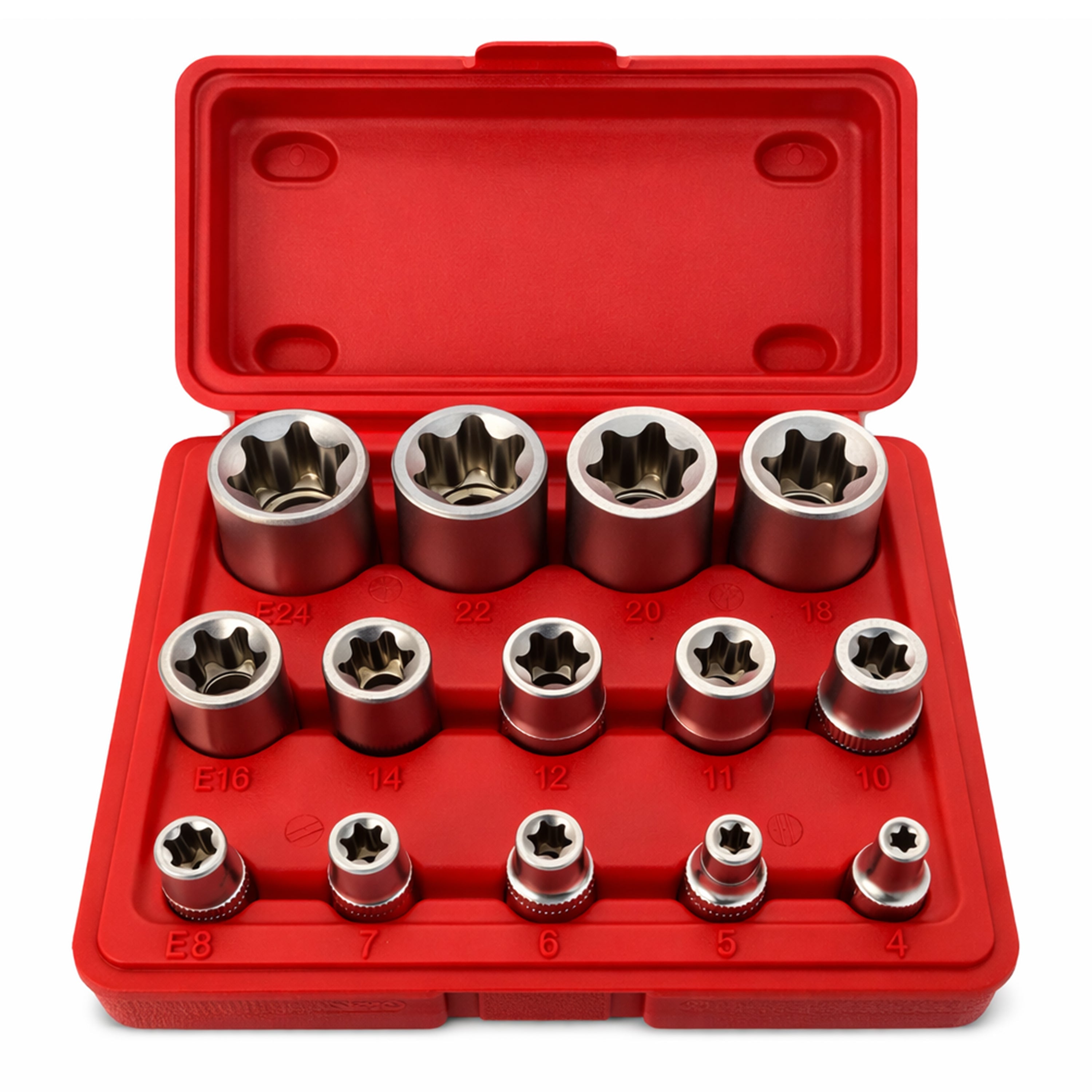 Sada nástrčných hlavíc - kľúčov, profil E, E4 - E24, 1/4", 3/8", 1/2", 14ks Gebo Tools
