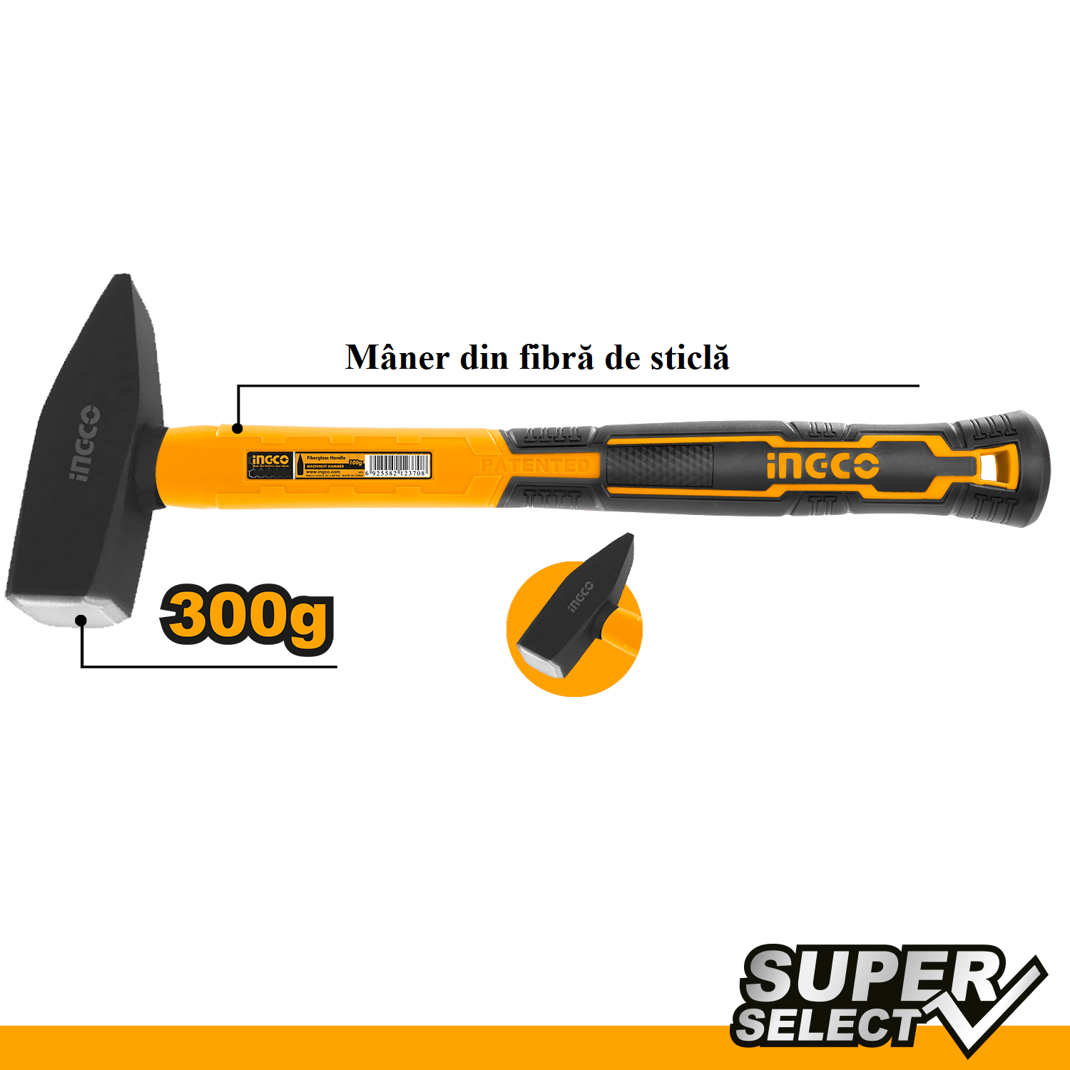 Kladivo s rukoväťou zo sklolaminátu 300g Ingco