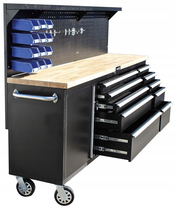 Pracovný stôl mobilný so skrinkou na náradie, 11 zásuviek, profesionálny, s drevenou doskou a panelom 214cm