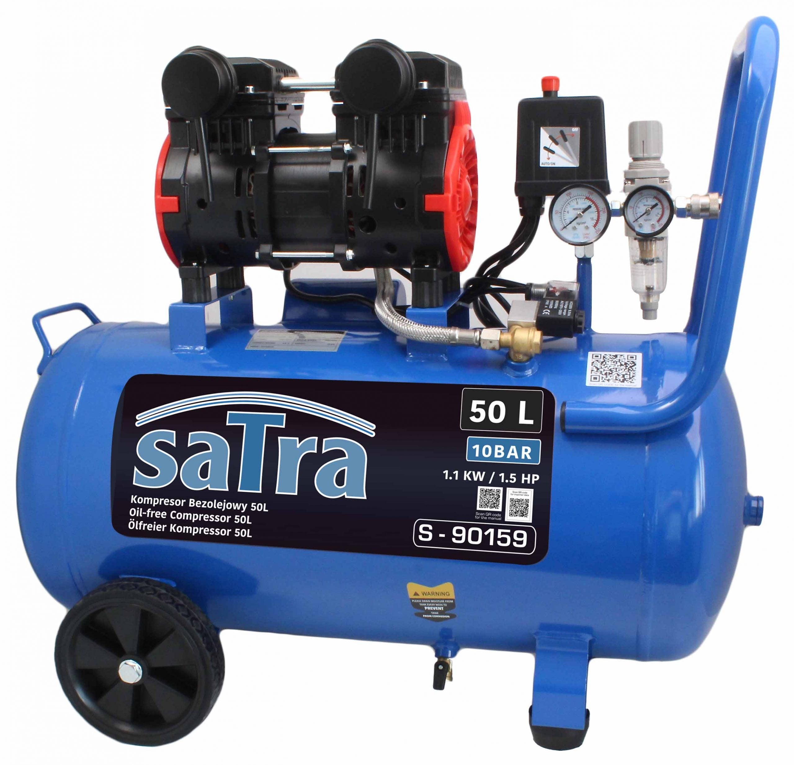 Tichý bezolejový kompresor s nízkou hlučnosťou 50l 1100W 10bar 1,1kW / 1,5hp Satra