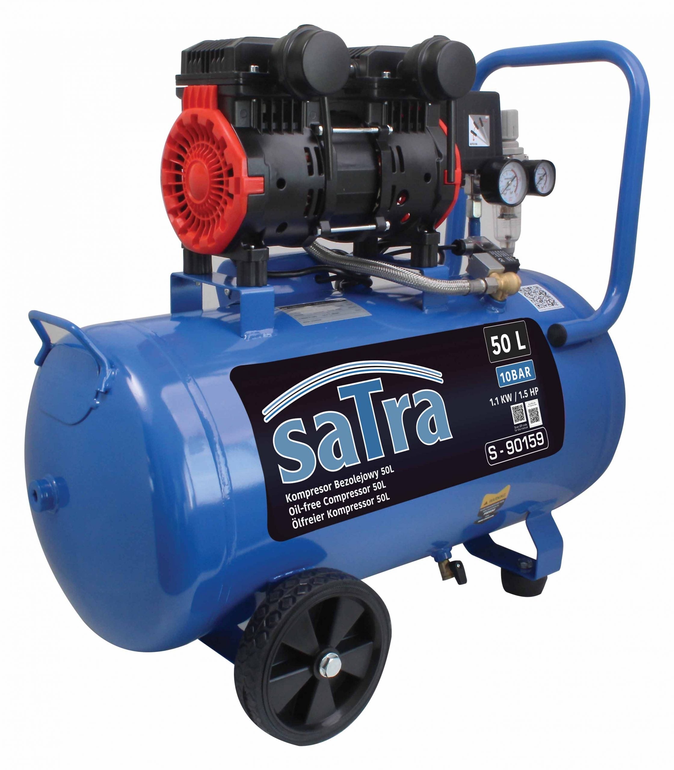 Tichý bezolejový kompresor s nízkou hlučnosťou 50l 1100W 10bar 1,1kW / 1,5hp Satra