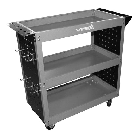 Mobilný montážny vozík s 3 policami, držiakom na skrutkovače a panelom s hákmi