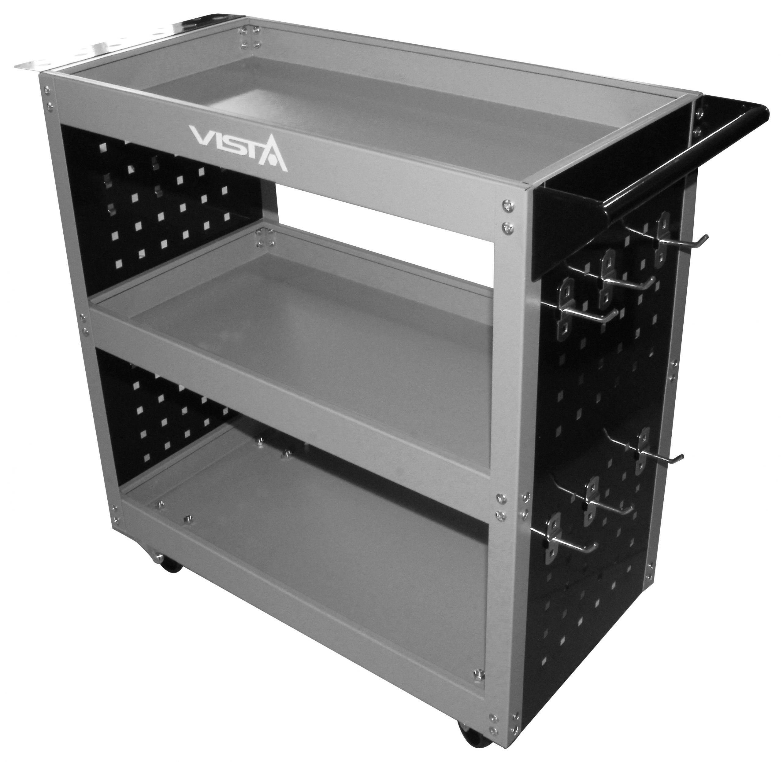 Mobilný montážny vozík s 3 policami, držiakom na skrutkovače a panelom s hákmi