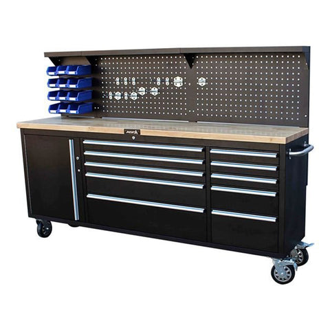 Pracovný stôl mobilný so skrinkou na náradie, 11 zásuviek, profesionálny, s drevenou doskou a panelom 214cm