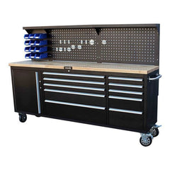 Pracovný stôl mobilný so skrinkou na náradie, 11 zásuviek, profesionálny, s drevenou doskou a panelom 214cm