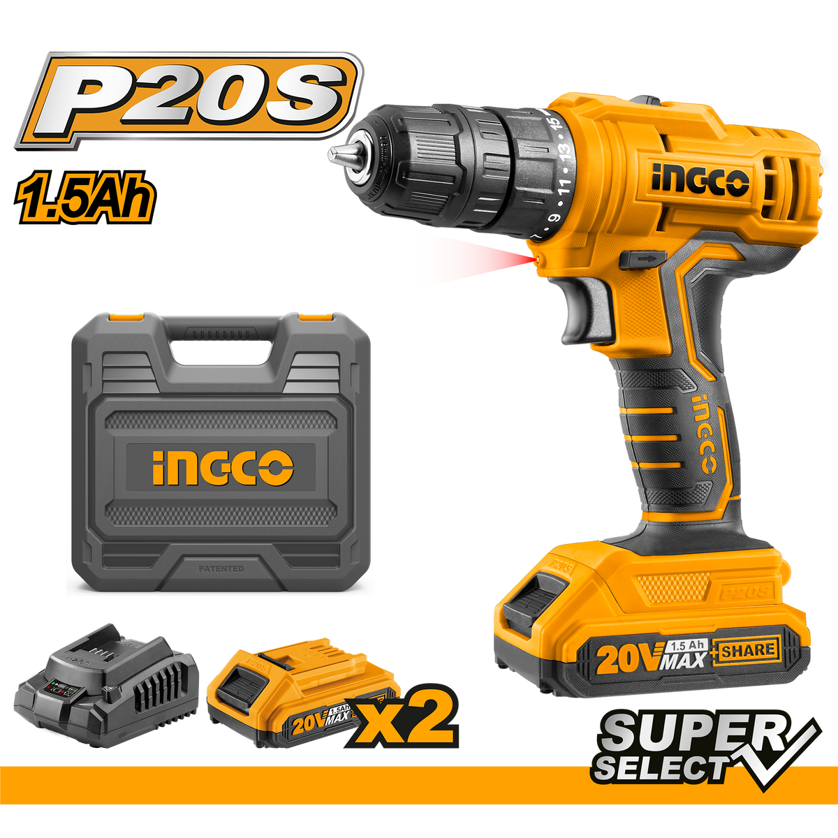 Vŕtačka so skrutkovačom, s 2 batériami 1,5Ah, 20V Ingco