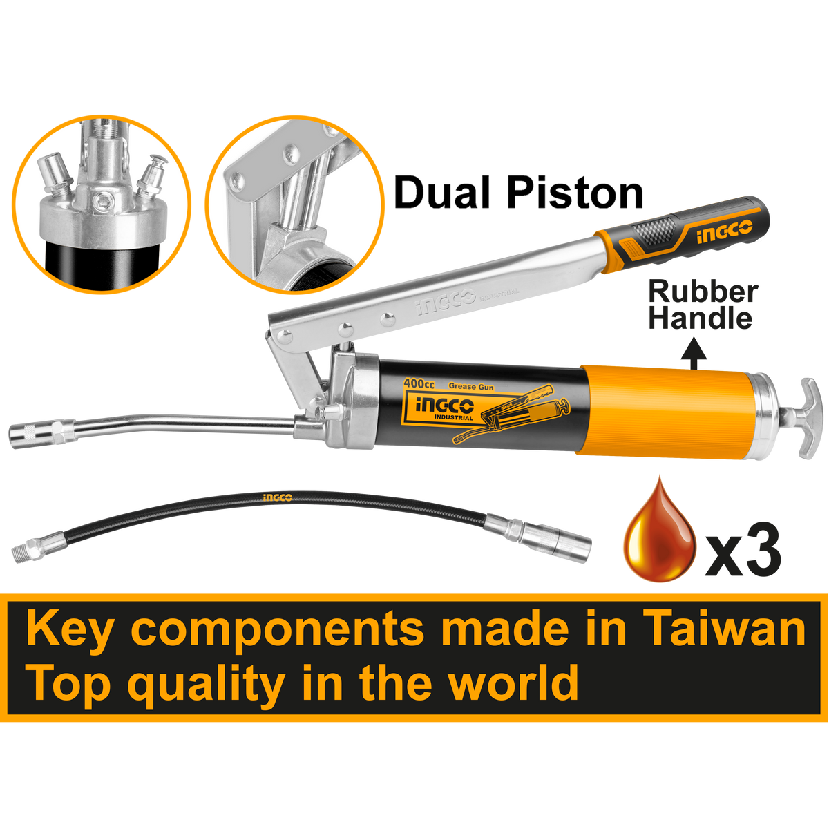 Ručná mazacia pištoľ - maznica s 2 piestami, 400ml Ingco