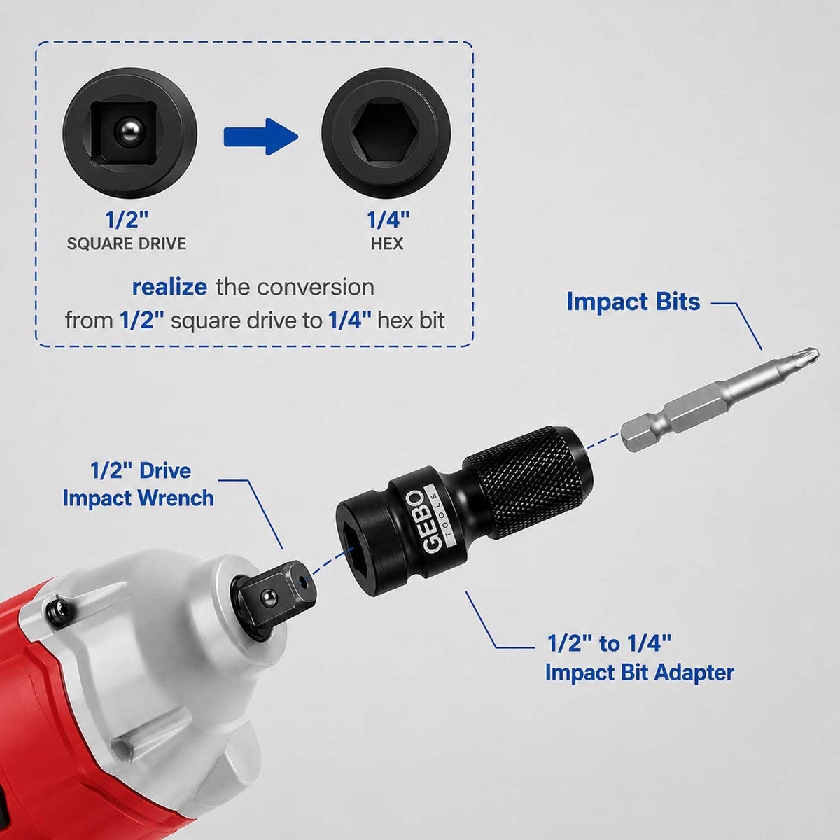 Rázový adaptér - redukcia 1/2'' - 1/4'' Gebo Tools