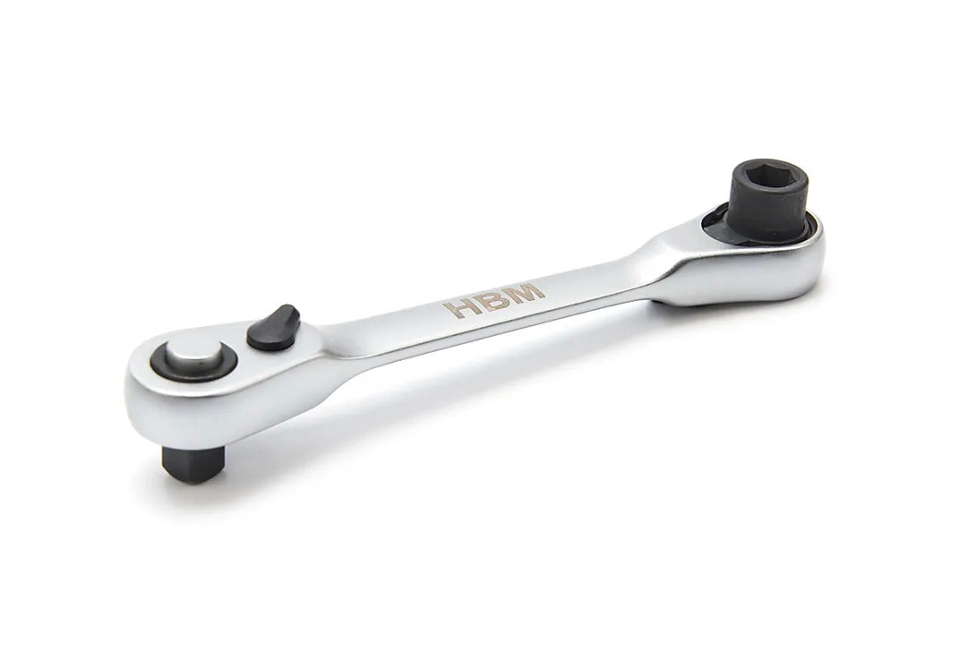 Kľúč s račňou, obojstranný 2 v 1, štvorhran 1/4'' a HEX bity do úzkych priestorov