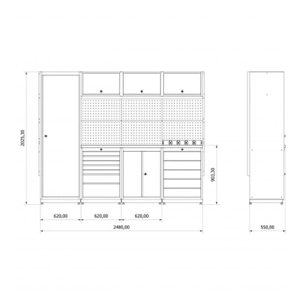 Modulárny kovový nábytok do dielne, zostava s pracovným stolom 2,48m model 3