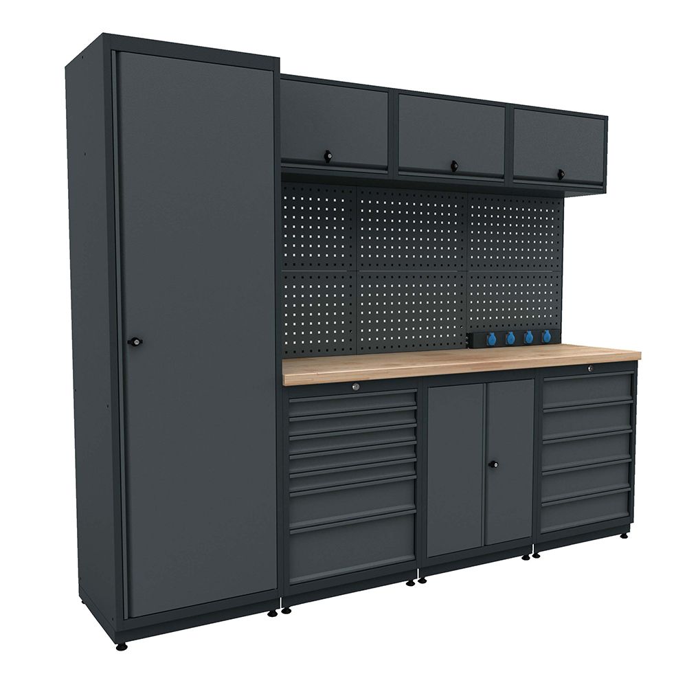 Modulárny kovový nábytok do dielne, zostava s pracovným stolom 2,48m model 3