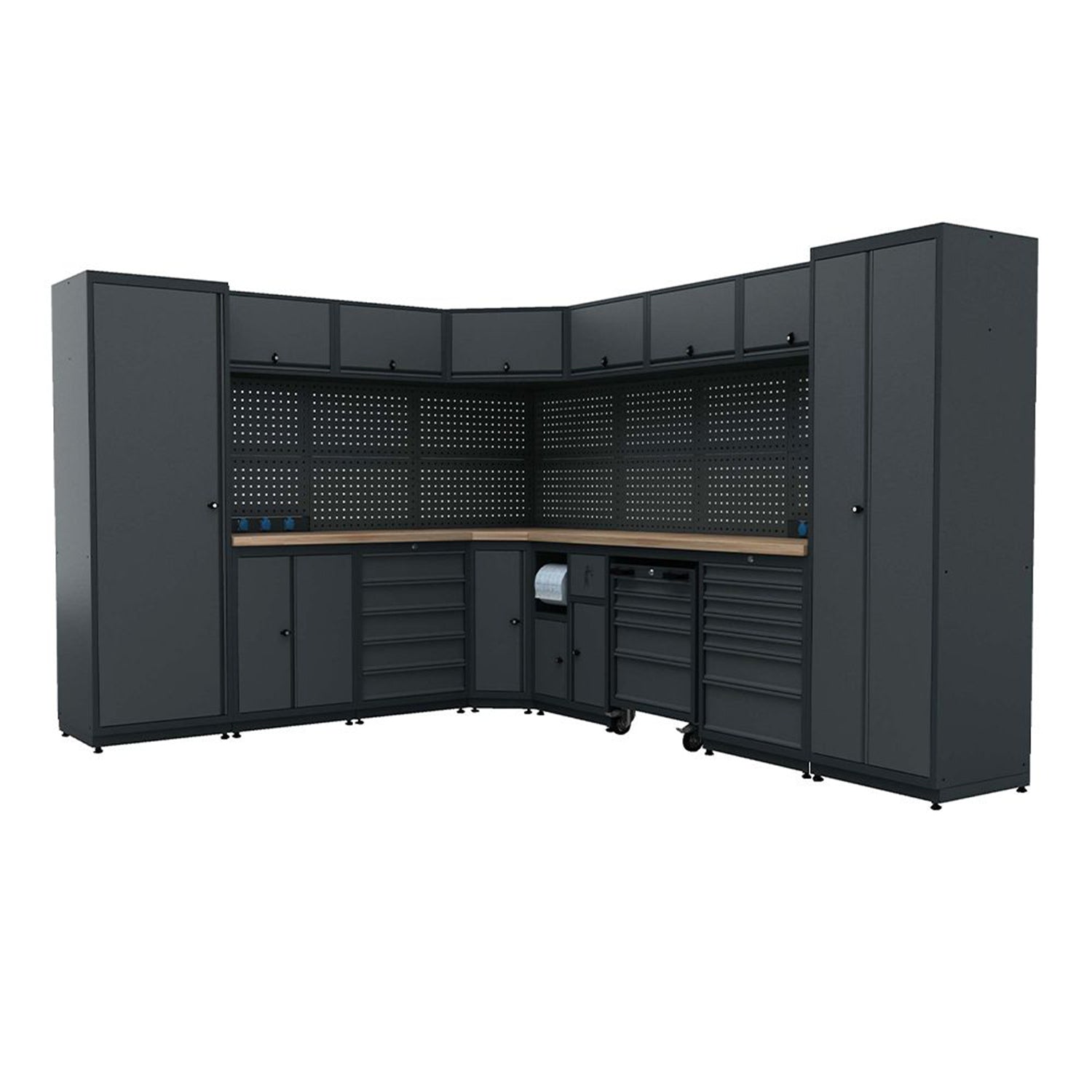 Modulárny kovový nábytok do dielne, zostava s pracovným stolom 3,23m x 2,61m model 4