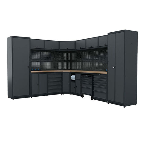 Modulárny kovový nábytok do dielne, zostava s pracovným stolom 3,23m x 2,61m model 4