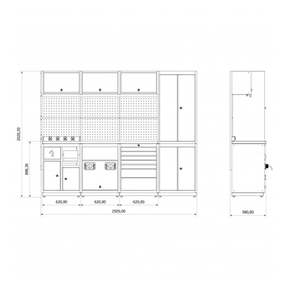 Modulárny nábytok do dielne, zostava s pracovným stolom 2,48m model D